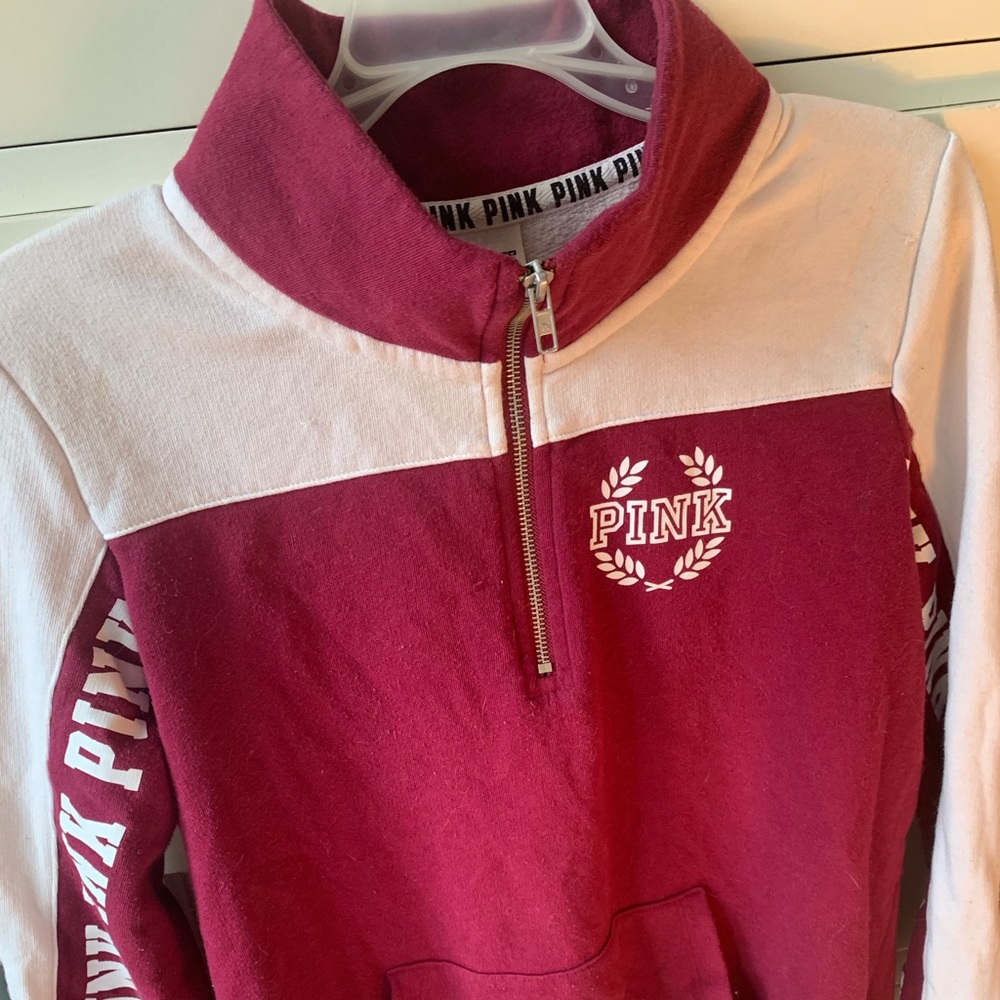 PINK collegiate style quarter zip sweatshirt (medium). From a non-smoking home!